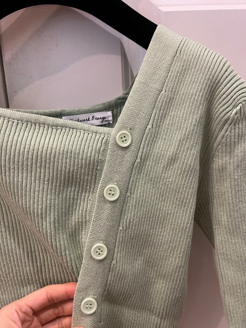 Asymmetric Button-Front Ribbed Top - Light Sage Green - Picture 3 of 4